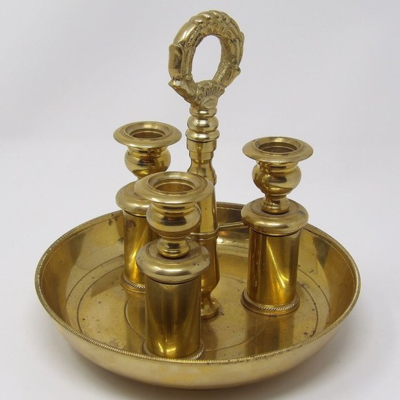 Vintage Neiman Marcus Brass Candlestick Holder Trio Candelabra with Handle Heavy - Picture 7 of 10